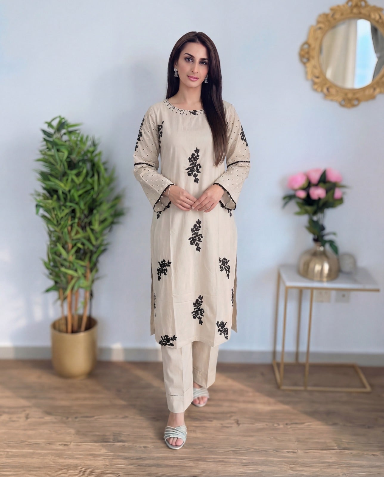 Beige Linen Embroidered Two Piece Set for Women | Elegant Kurta & Trouser Co-Ord - Vivian Beige