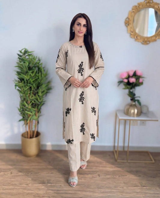 Beige Linen Embroidered Two Piece Set for Women | Elegant Kurta & Trouser Co-Ord - Vivian Beige