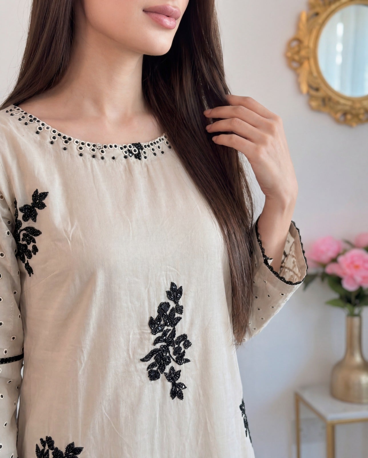 Beige Linen Embroidered Two Piece Set for Women | Elegant Kurta & Trouser Co-Ord - Vivian Beige