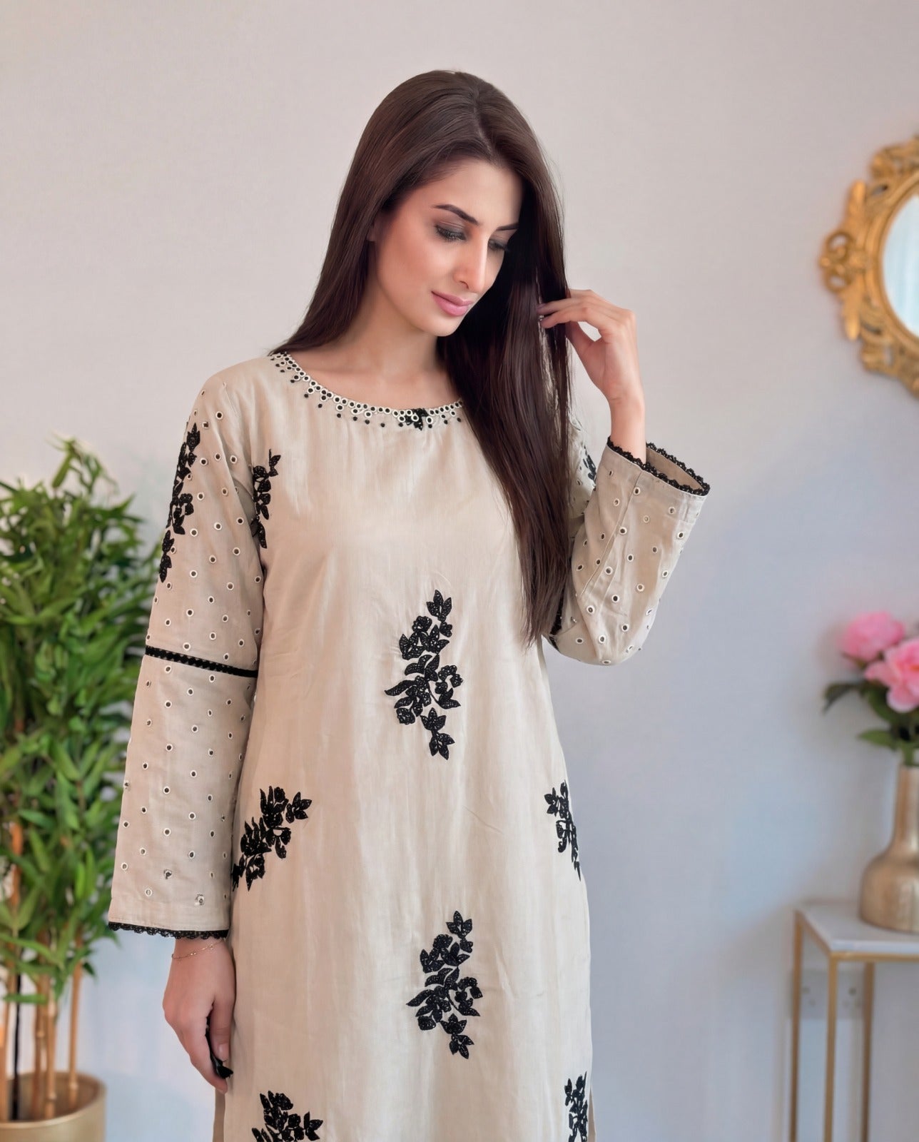 Beige Linen Embroidered Two Piece Set for Women | Elegant Kurta & Trouser Co-Ord - Vivian Beige