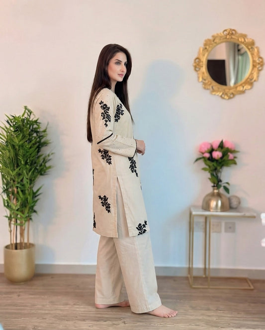 Beige Linen Embroidered Two Piece Set for Women | Elegant Kurta & Trouser Co-Ord - Vivian Beige