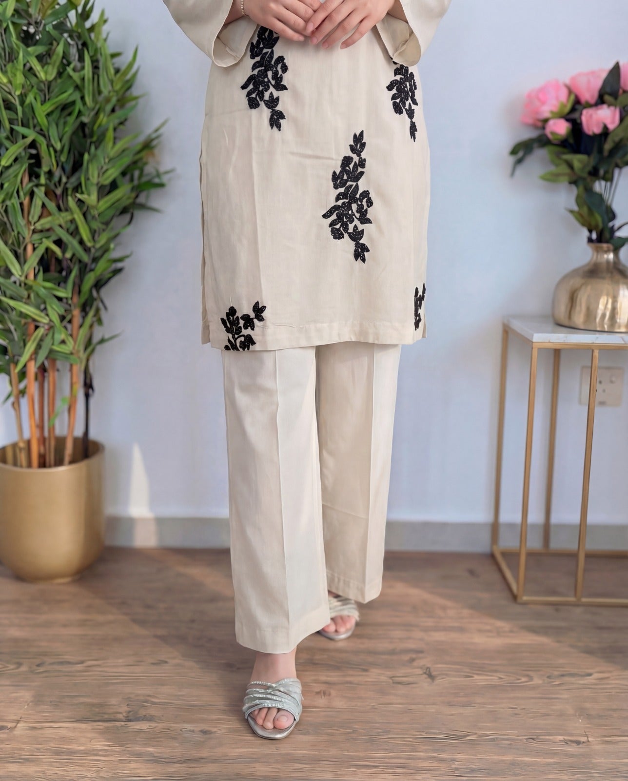 Beige Linen Embroidered Two Piece Set for Women | Elegant Kurta & Trouser Co-Ord - Vivian Beige