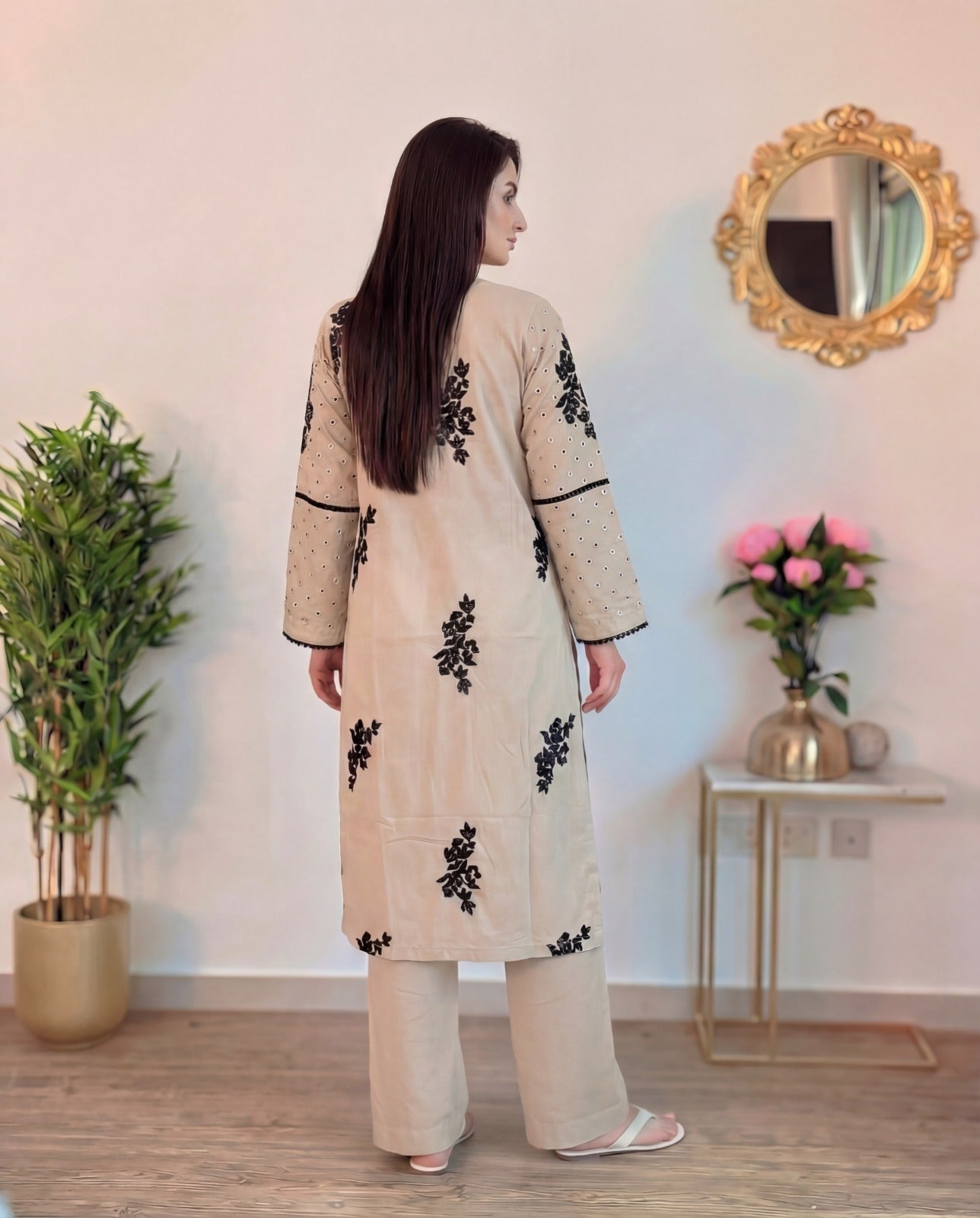 Beige Linen Embroidered Two Piece Set for Women | Elegant Kurta & Trouser Co-Ord - Vivian Beige