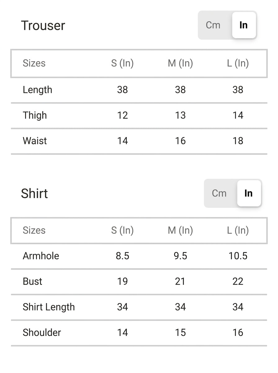 Size chart for Ayza